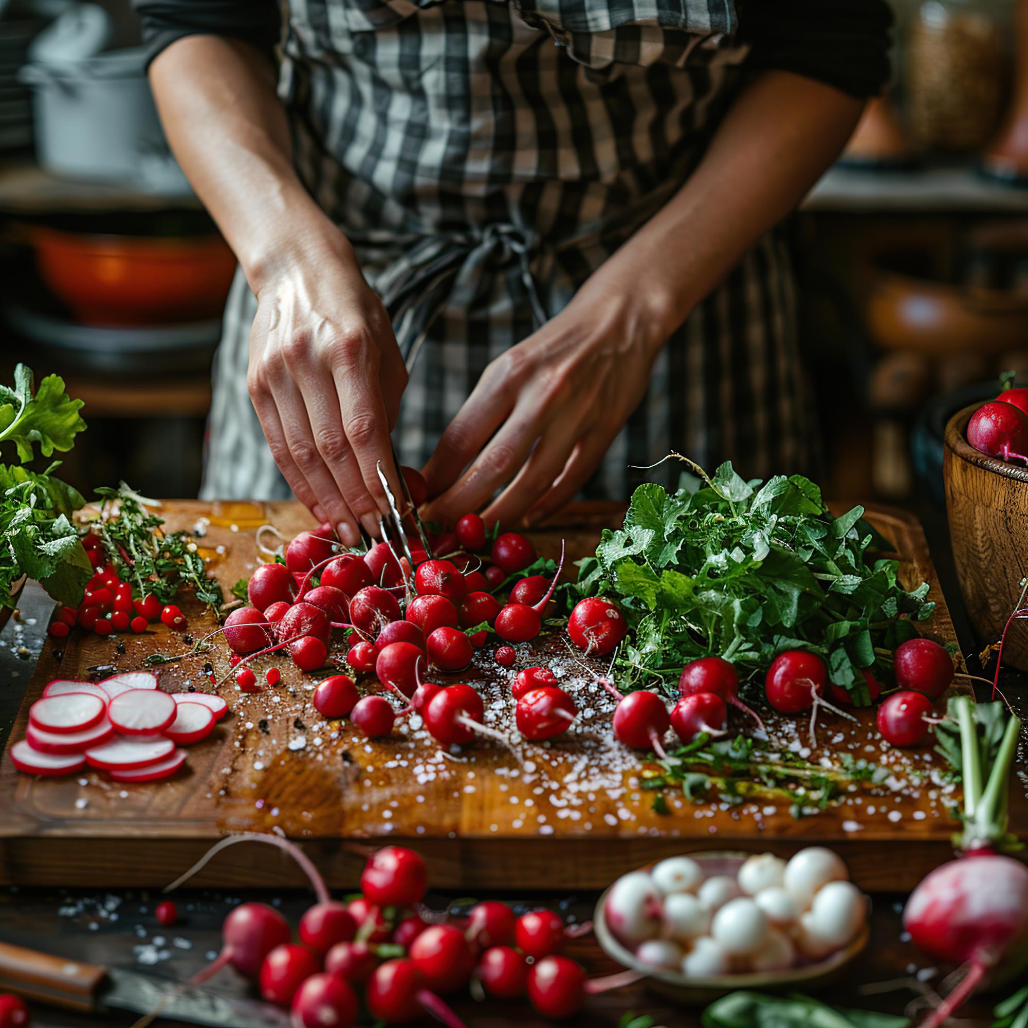 Workshop chef preparing seasonal ingredients on wooden table